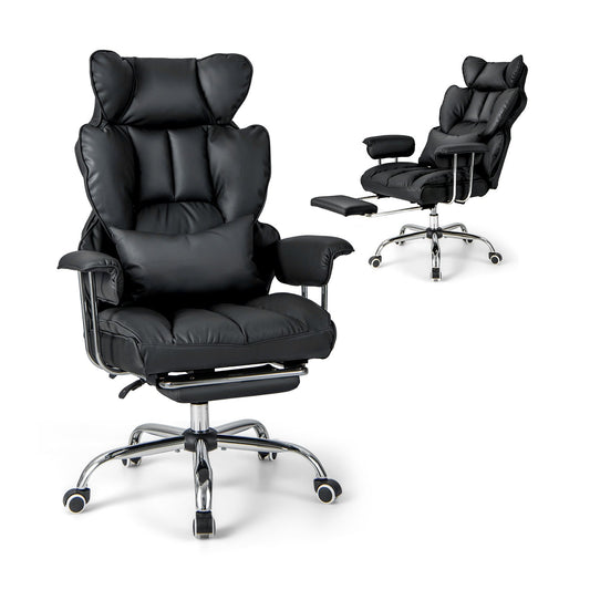 Adjustable Swivel Office Chair with Reclining Backrest and Retractable Footrest, Black