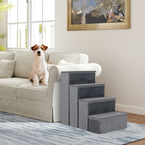 4-Step Dog Stairs Non-slip Foldable Dog Ramp with Adjustable Steps-Grey, Gray