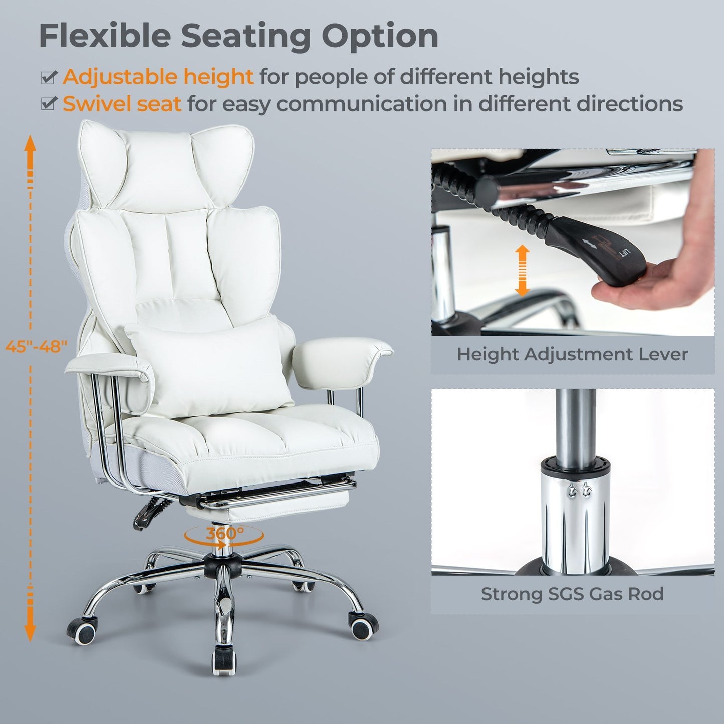 Adjustable Swivel Office Chair with Reclining Backrest and Retractable Footrest, White