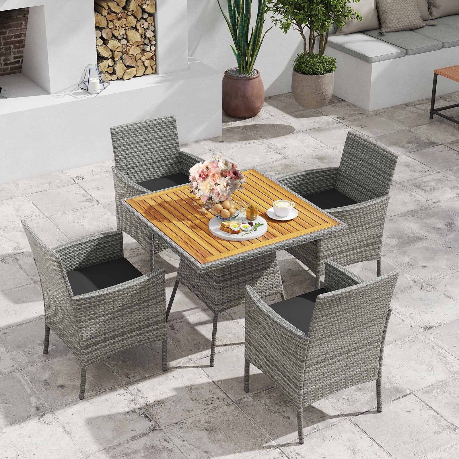 5 Pieces PE Wicker Patio Dining Set Outdoor Acacia Wood Table and Chairs, Black Patio Dining Sets at Gallery Canada