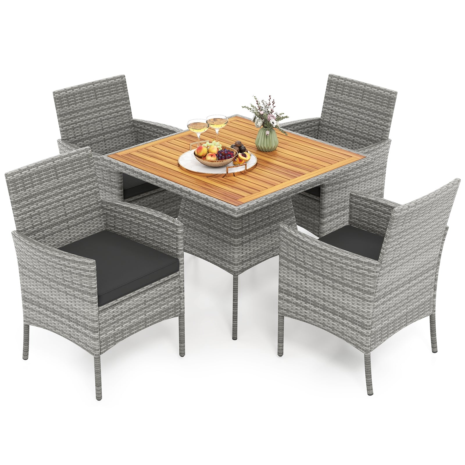 5 Pieces PE Wicker Patio Dining Set Outdoor Acacia Wood Table and Chairs, Black Patio Dining Sets at Gallery Canada