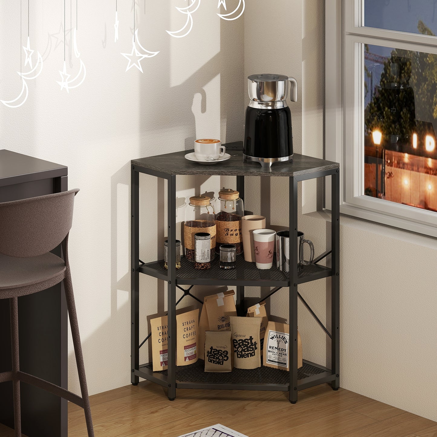 Corner Printer Stand with Power Outlet 3-Tier Storage Rack with Adjustable Shelf, Black Laptop Tables & Printer Stands at Gallery Canada