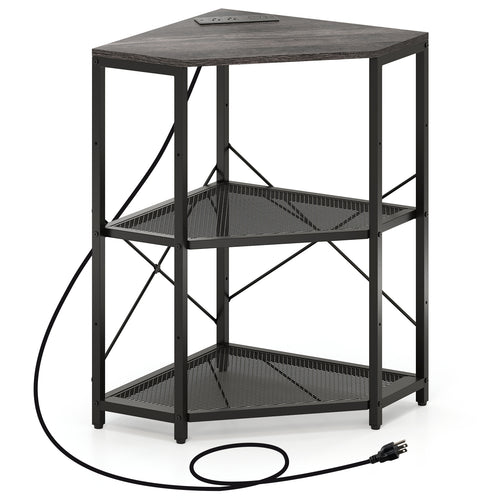 Corner Printer Stand with Power Outlet 3-Tier Storage Rack with Adjustable Shelf, Black