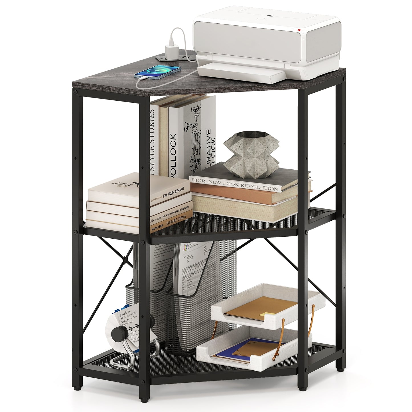 Corner Printer Stand with Power Outlet 3-Tier Storage Rack with Adjustable Shelf, Black Laptop Tables & Printer Stands at Gallery Canada