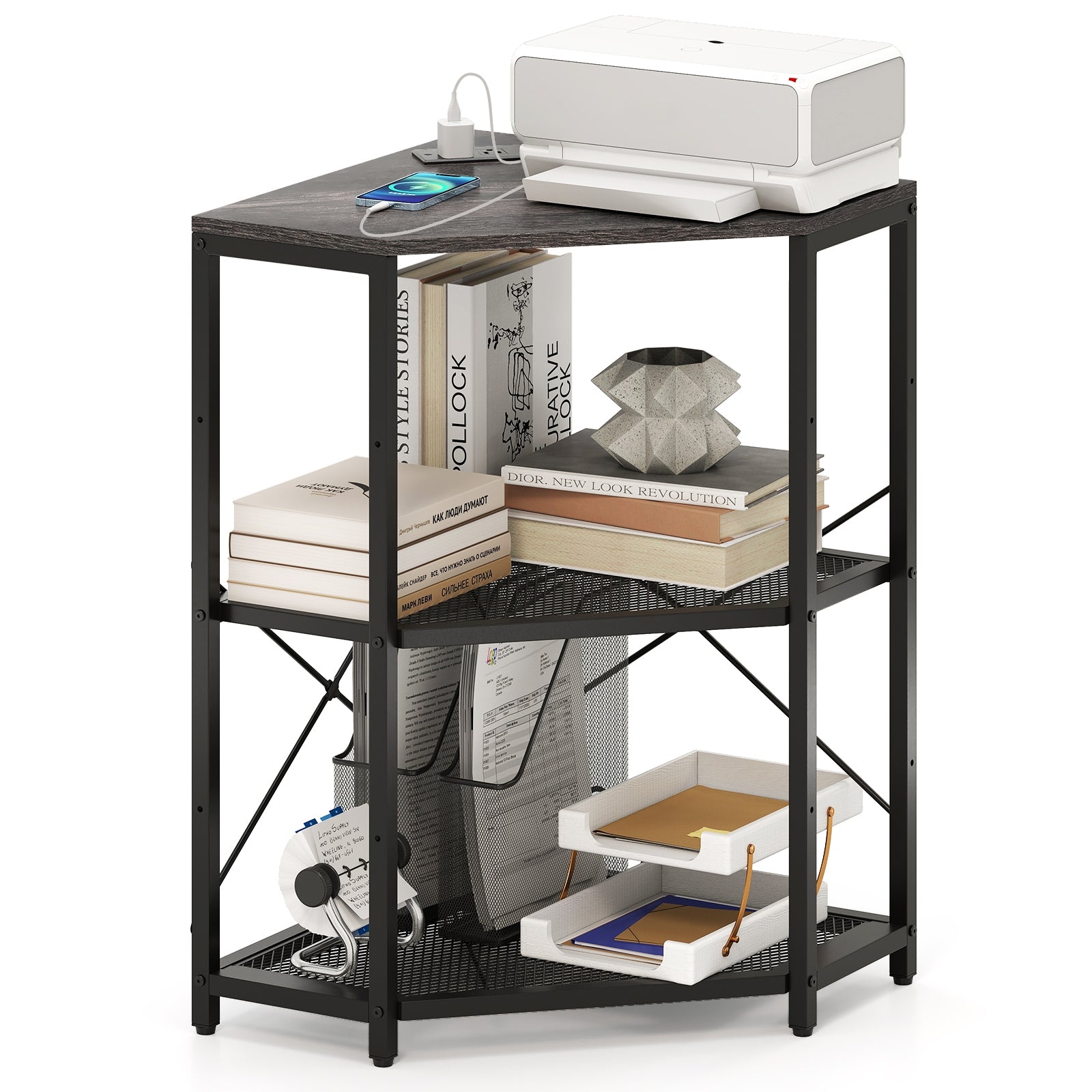 Corner Printer Stand with Power Outlet 3-Tier Storage Rack with Adjustable Shelf, Black Laptop Tables & Printer Stands at Gallery Canada