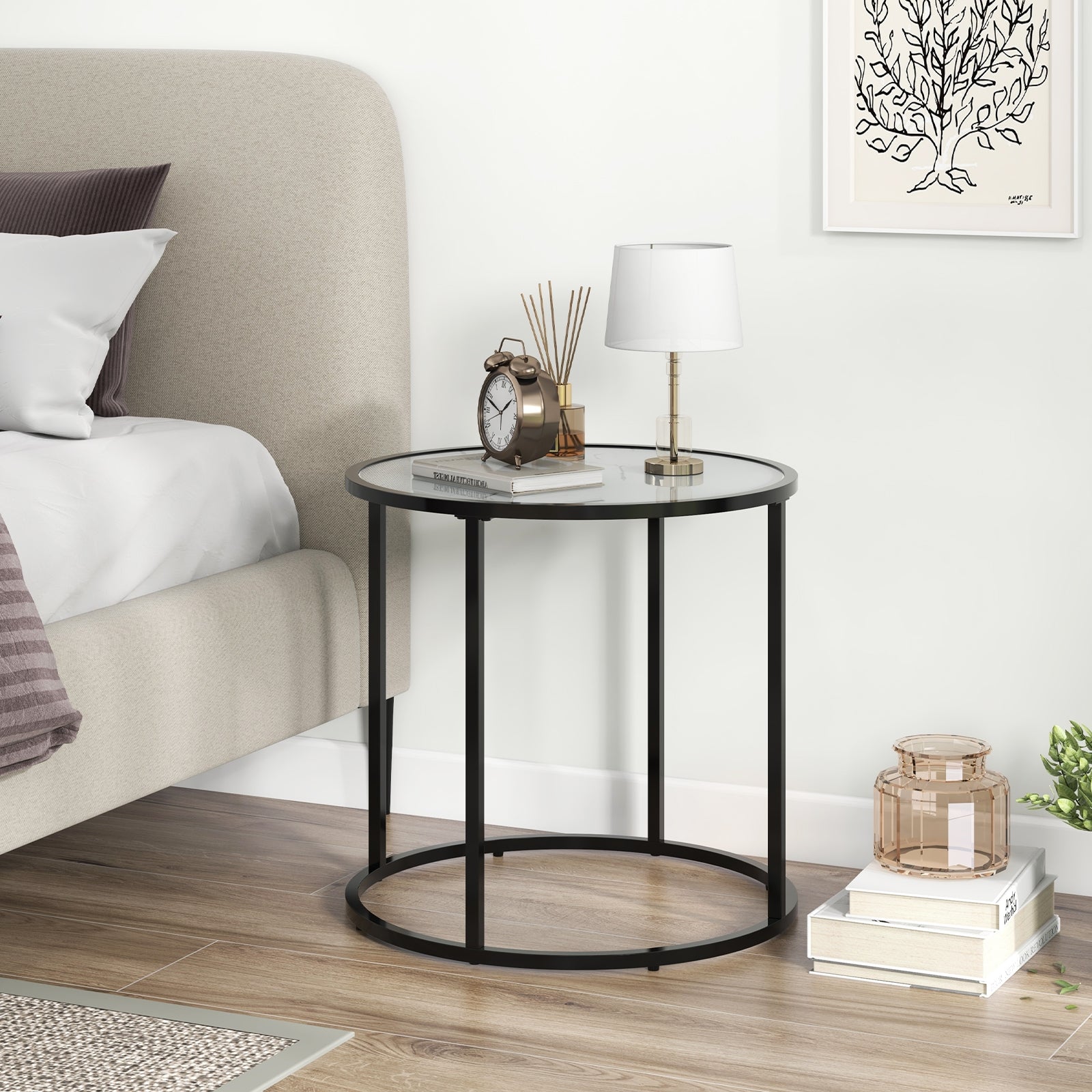 20 Inch Glass End Table with Metal Frame and Faux Marble Glass Top-Black and White, Black & White Coffee Tables at Gallery Canada