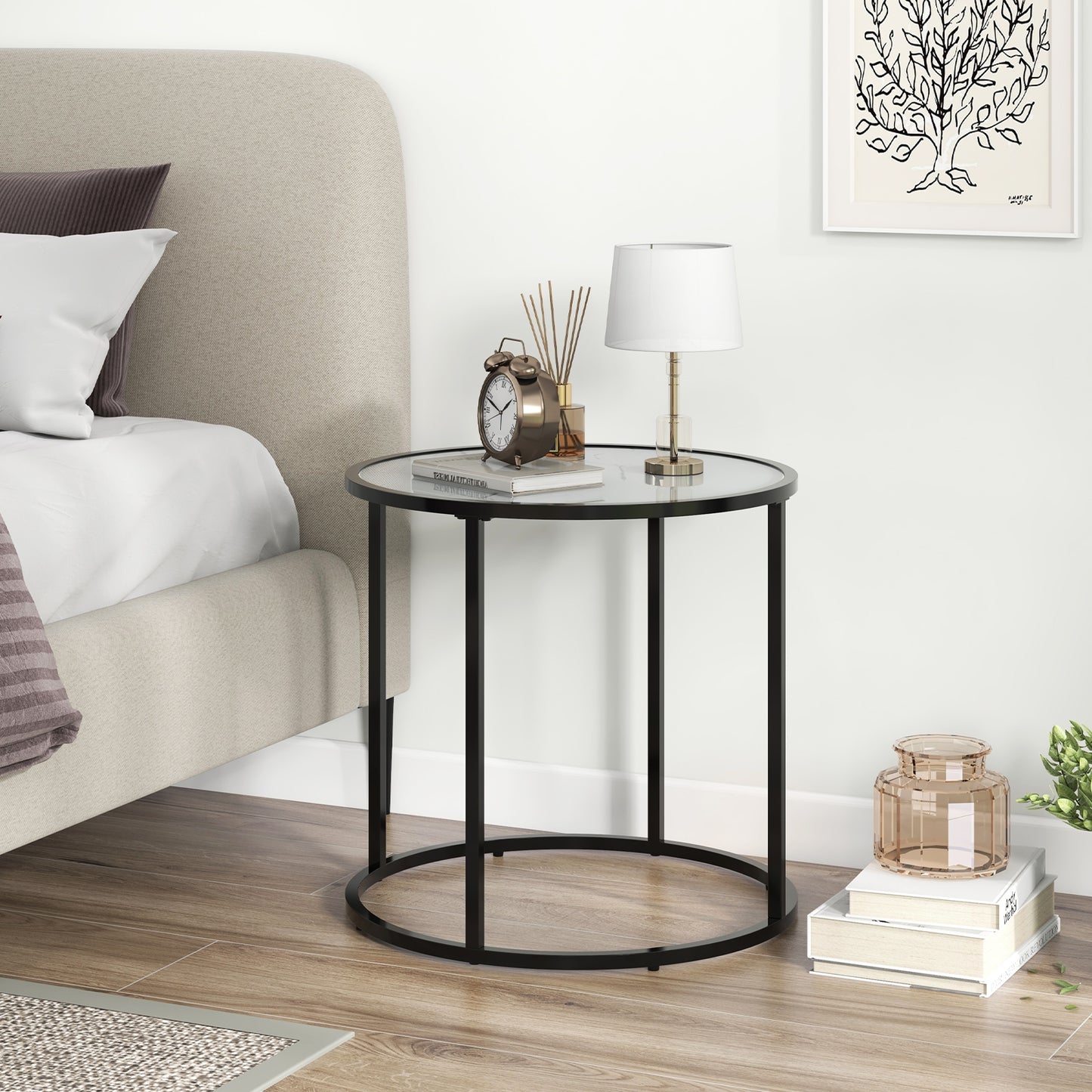 20 Inch Glass End Table with Metal Frame and Faux Marble Glass Top-Black and White, Black & White Coffee Tables at Gallery Canada