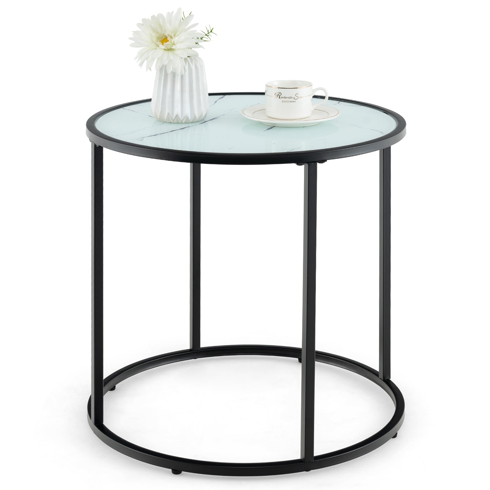 20 Inch Glass End Table, Metal Frame, Faux Marble Top, Black and White Coffee Tables Black & White at Gallery Canada