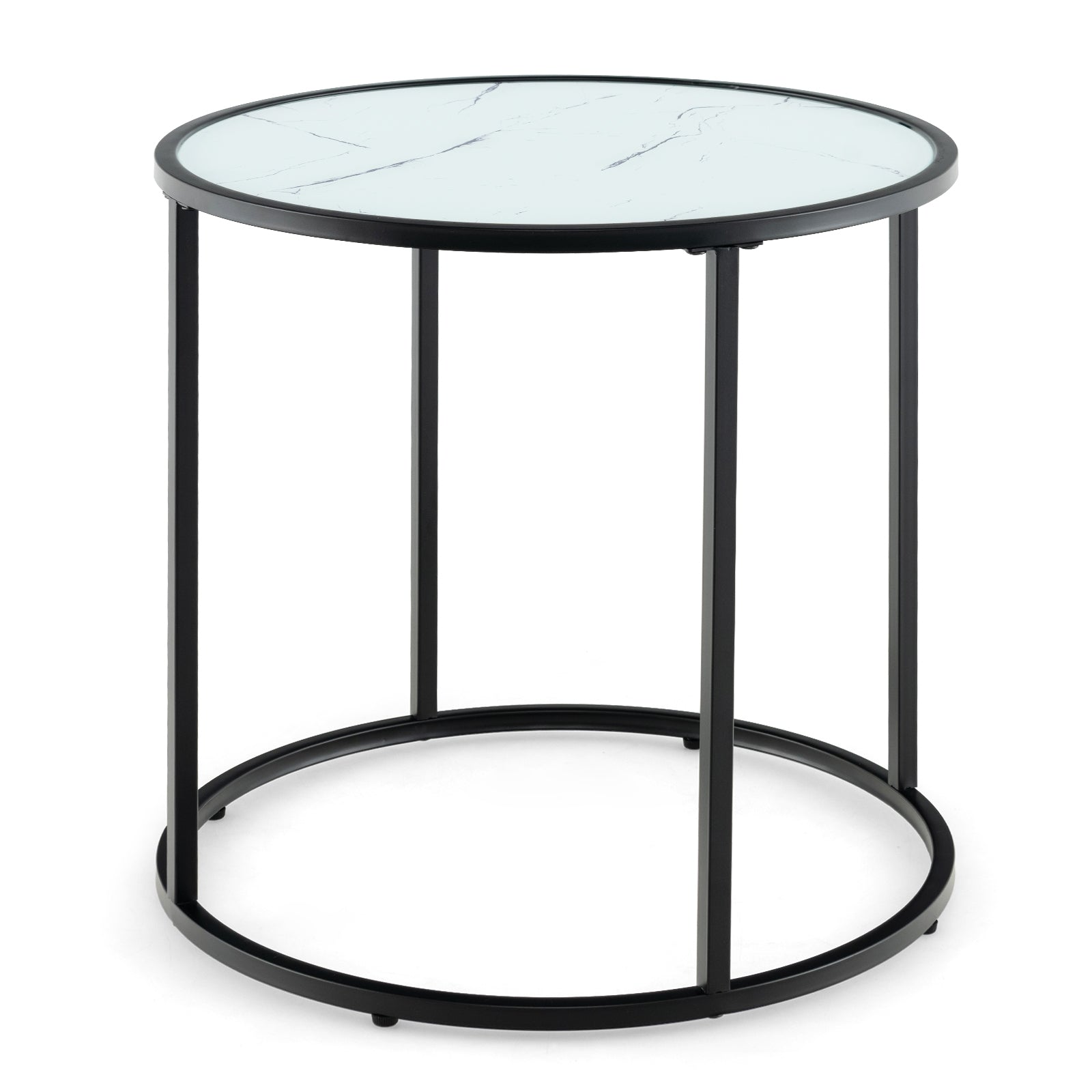 20 Inch Glass End Table with Metal Frame and Faux Marble Glass Top-Black and White, Black & White Coffee Tables at Gallery Canada