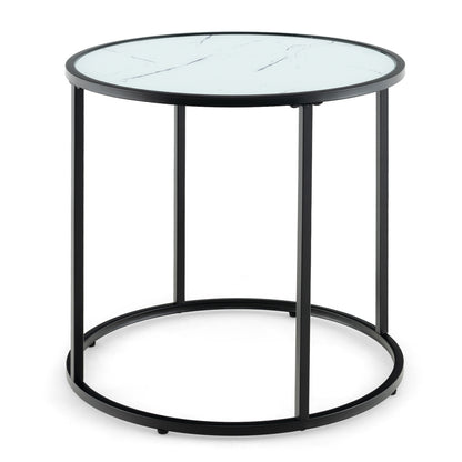 20 Inch Glass End Table with Metal Frame and Faux Marble Glass Top-Black and White, Black & White Coffee Tables at Gallery Canada