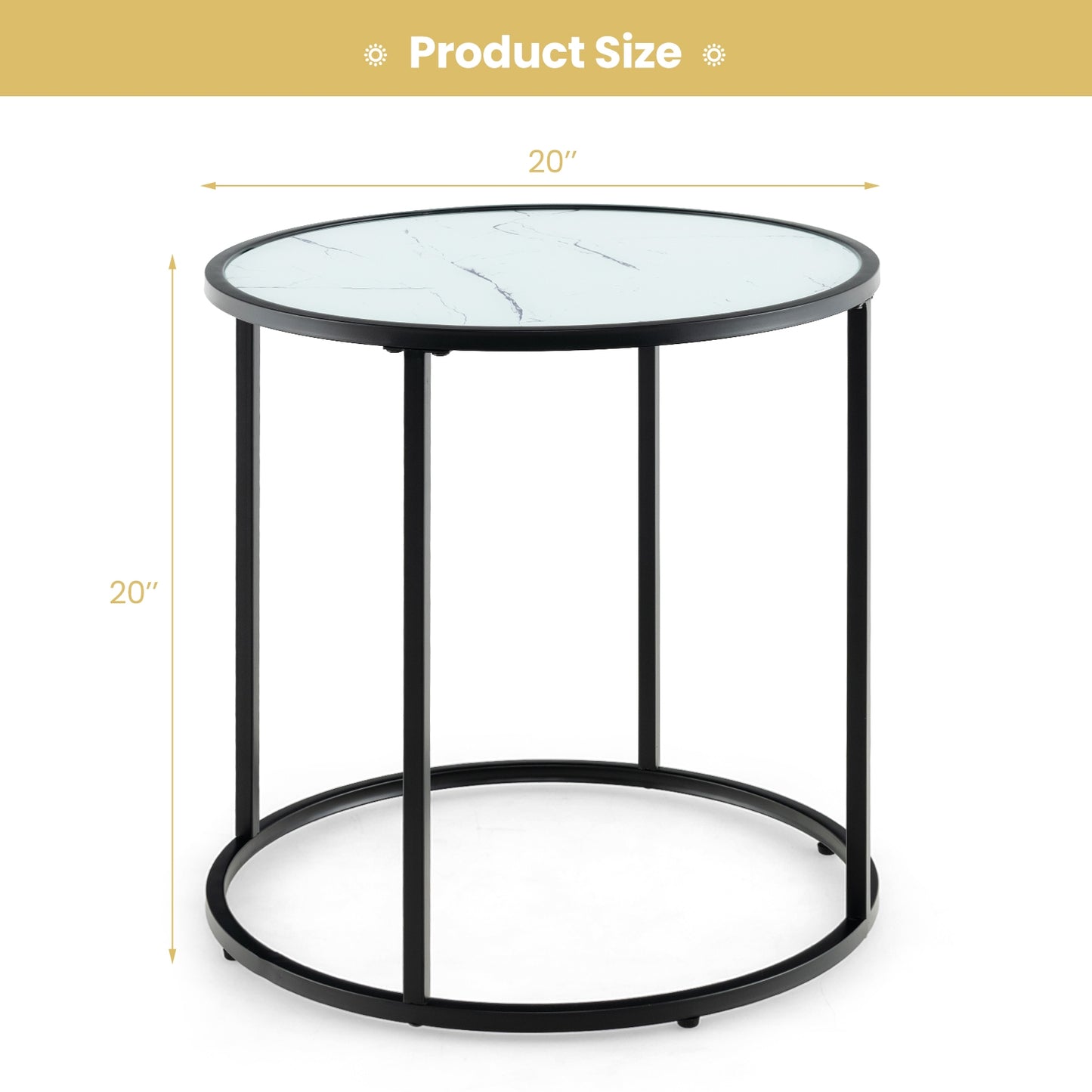 20 Inch Glass End Table with Metal Frame and Faux Marble Glass Top-Black and White, Black & White Coffee Tables at Gallery Canada
