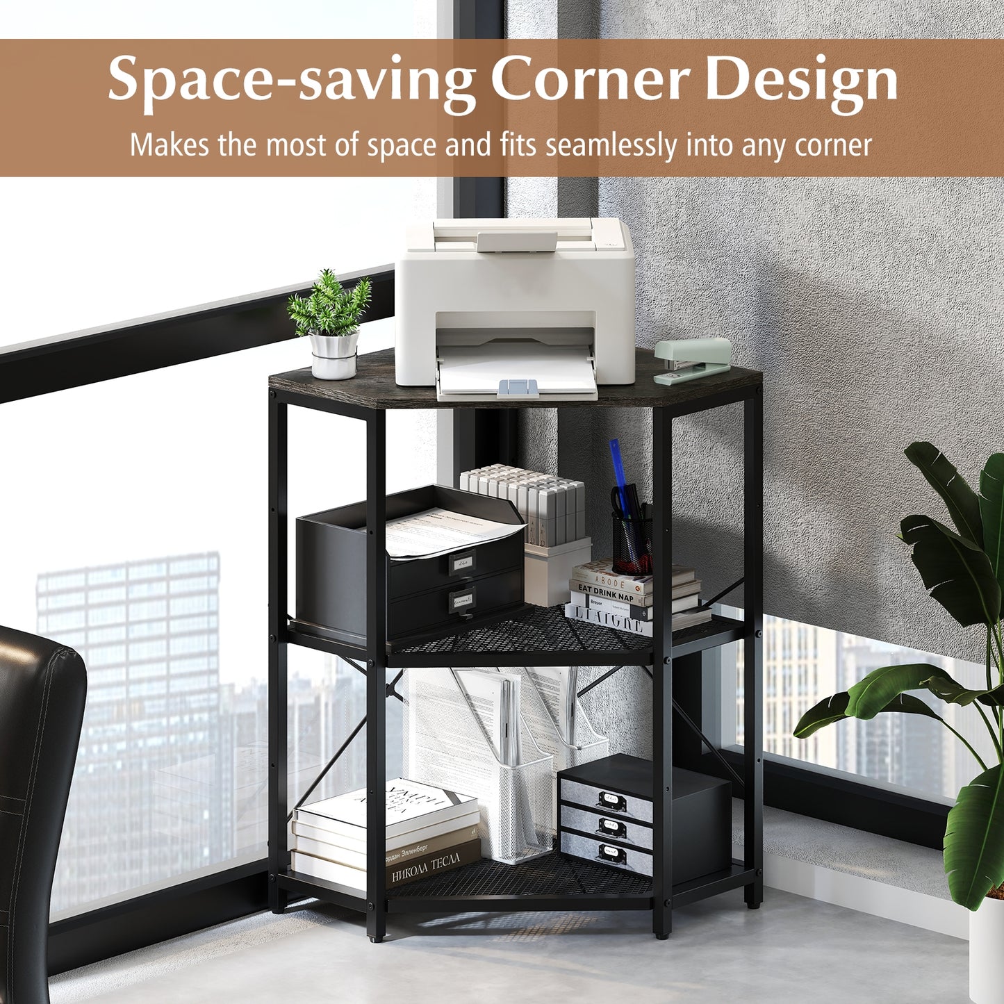 Corner Printer Stand with Power Outlet 3-Tier Storage Rack with Adjustable Shelf, Black Laptop Tables & Printer Stands at Gallery Canada