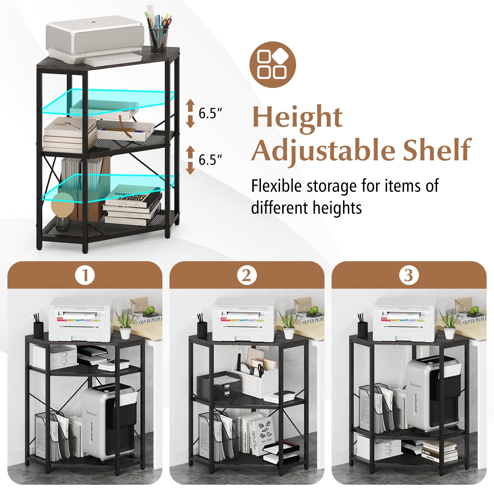 Corner Printer Stand with Power Outlet 3-Tier Storage Rack with Adjustable Shelf, Black Laptop Tables & Printer Stands at Gallery Canada