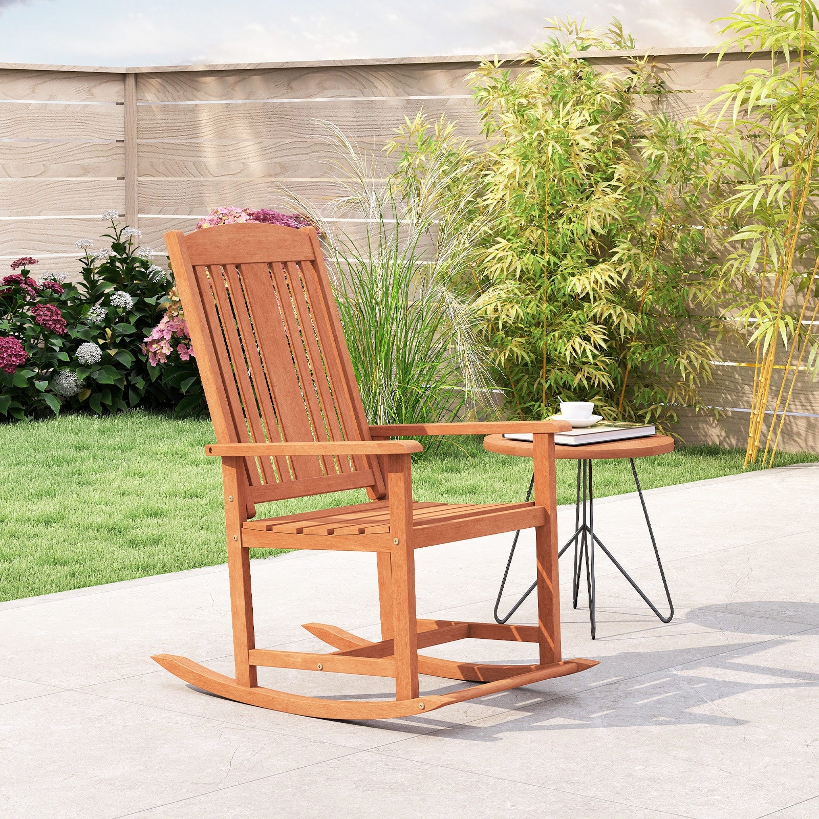 Outdoor Rocking Chair Solid Wood High Back Rocker with Slatted Seat, Natural Patio Rocking Chairs & Gliders at Gallery Canada