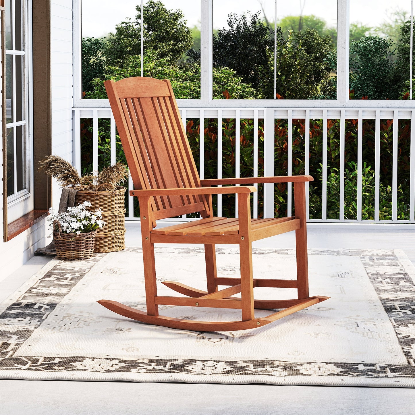 Outdoor Rocking Chair Solid Wood High Back Rocker with Slatted Seat, Natural Patio Rocking Chairs & Gliders at Gallery Canada