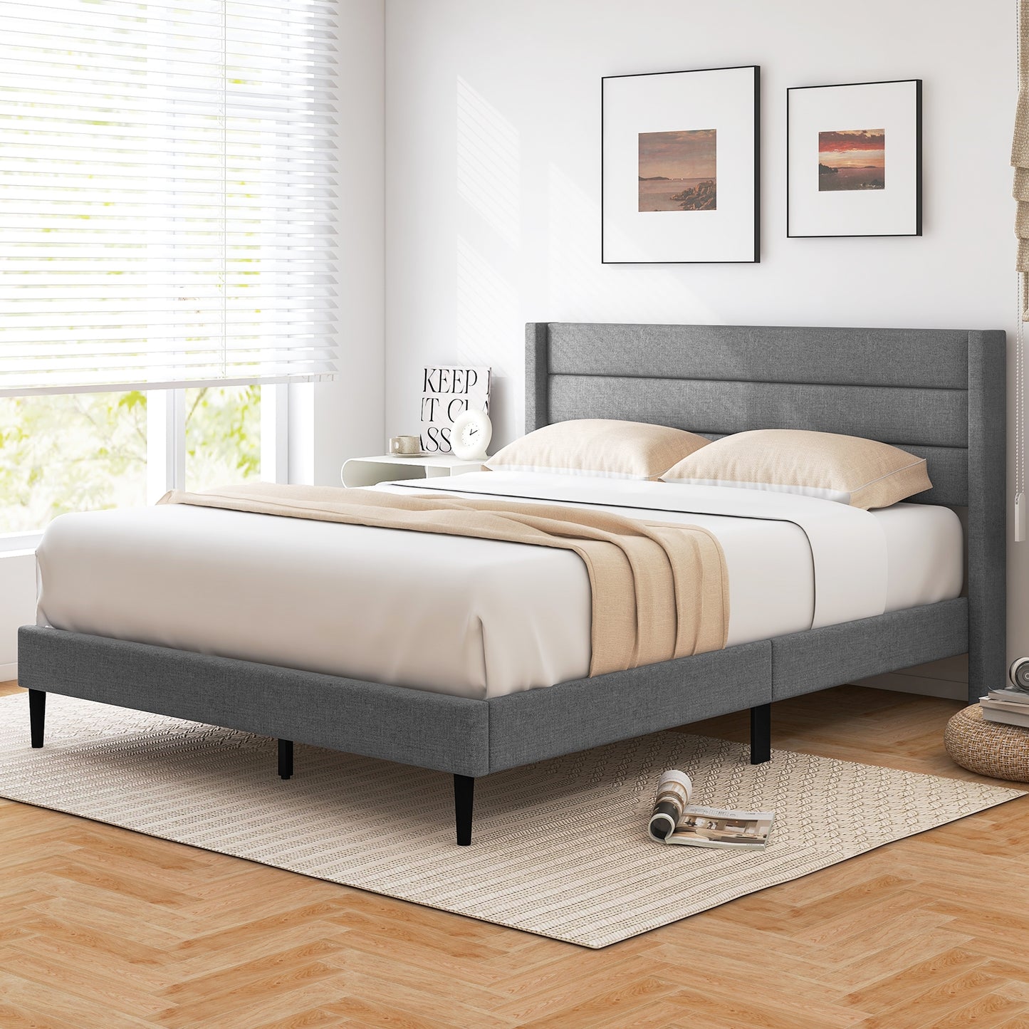Linen Upholstered Platform Twin/Queen Bed Frame with Wingback Headboard-Queen Size Simple Bed Frame at Gallery Canada