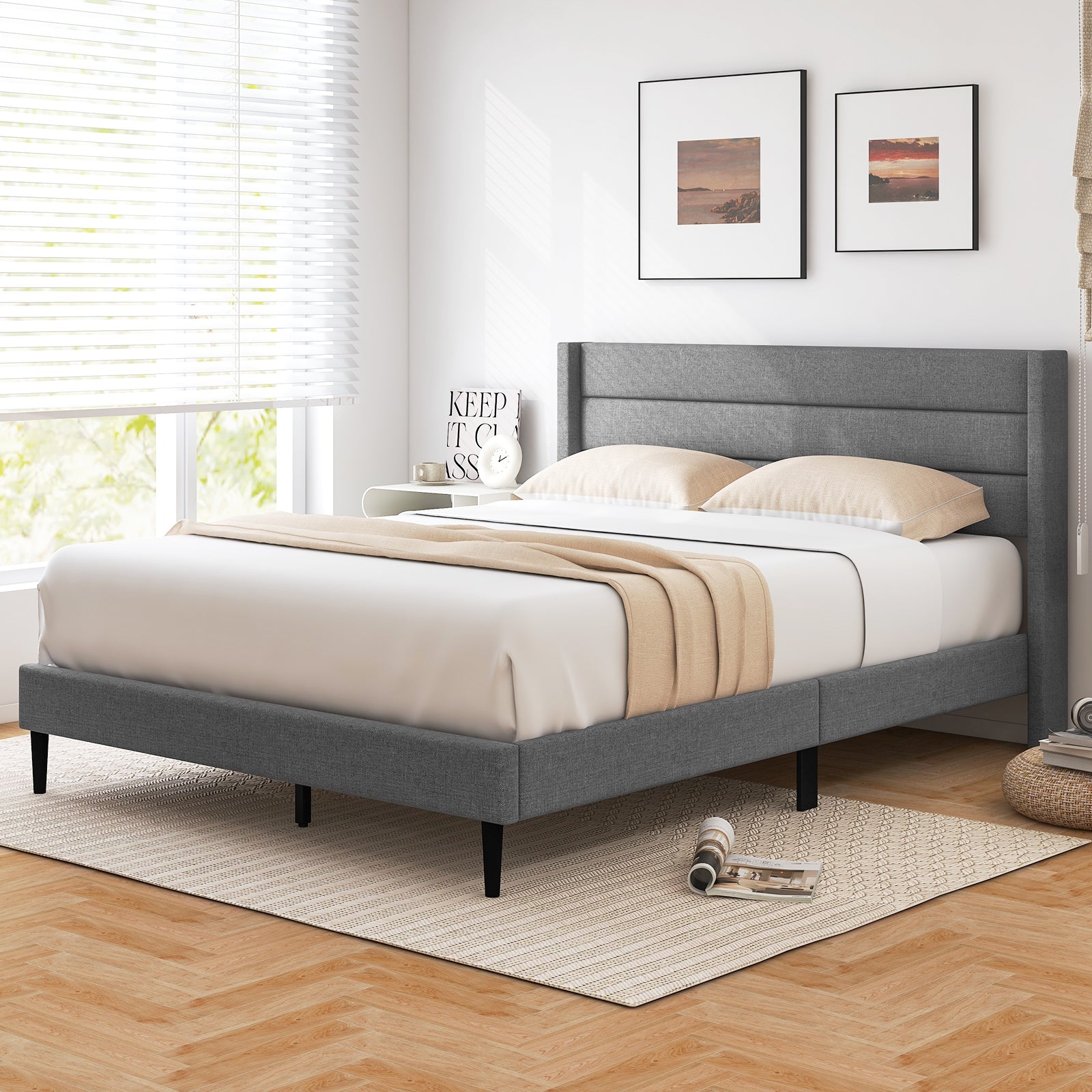 Linen Upholstered Platform Twin/Queen Bed Frame with Wingback Headboard-Queen Size Simple Bed Frame at Gallery Canada