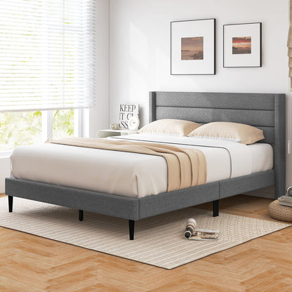 Linen Upholstered Platform Twin/Queen Bed Frame with Wingback Headboard-Queen Size Simple Bed Frame at Gallery Canada