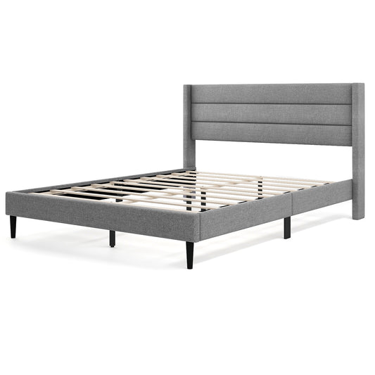 Linen Upholstered Platform Twin/Queen Bed Frame with Wingback Headboard-Queen Size Simple Bed Frame Grey at Gallery Canada