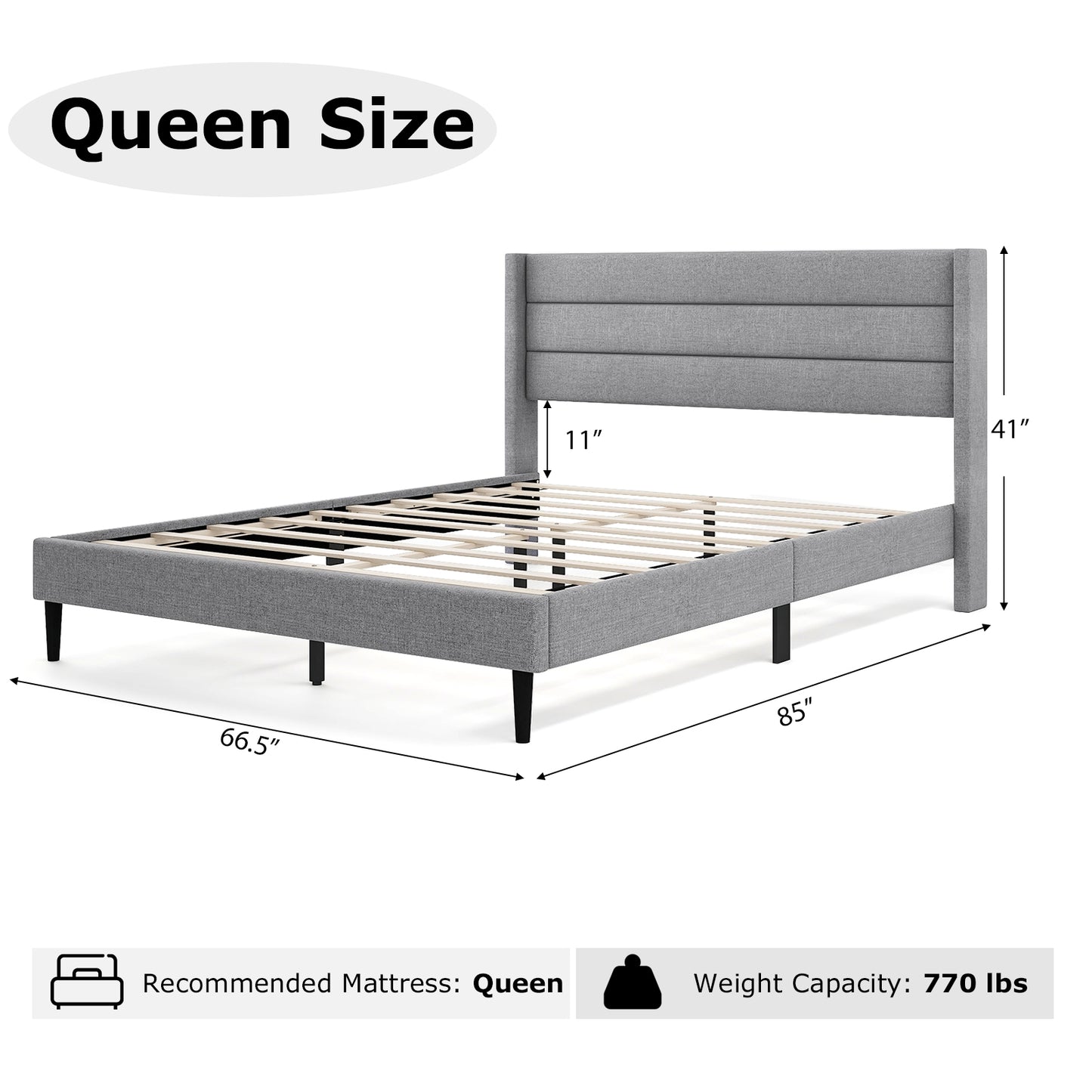 Linen Upholstered Platform Twin/Queen Bed Frame with Wingback Headboard-Queen Size Simple Bed Frame at Gallery Canada
