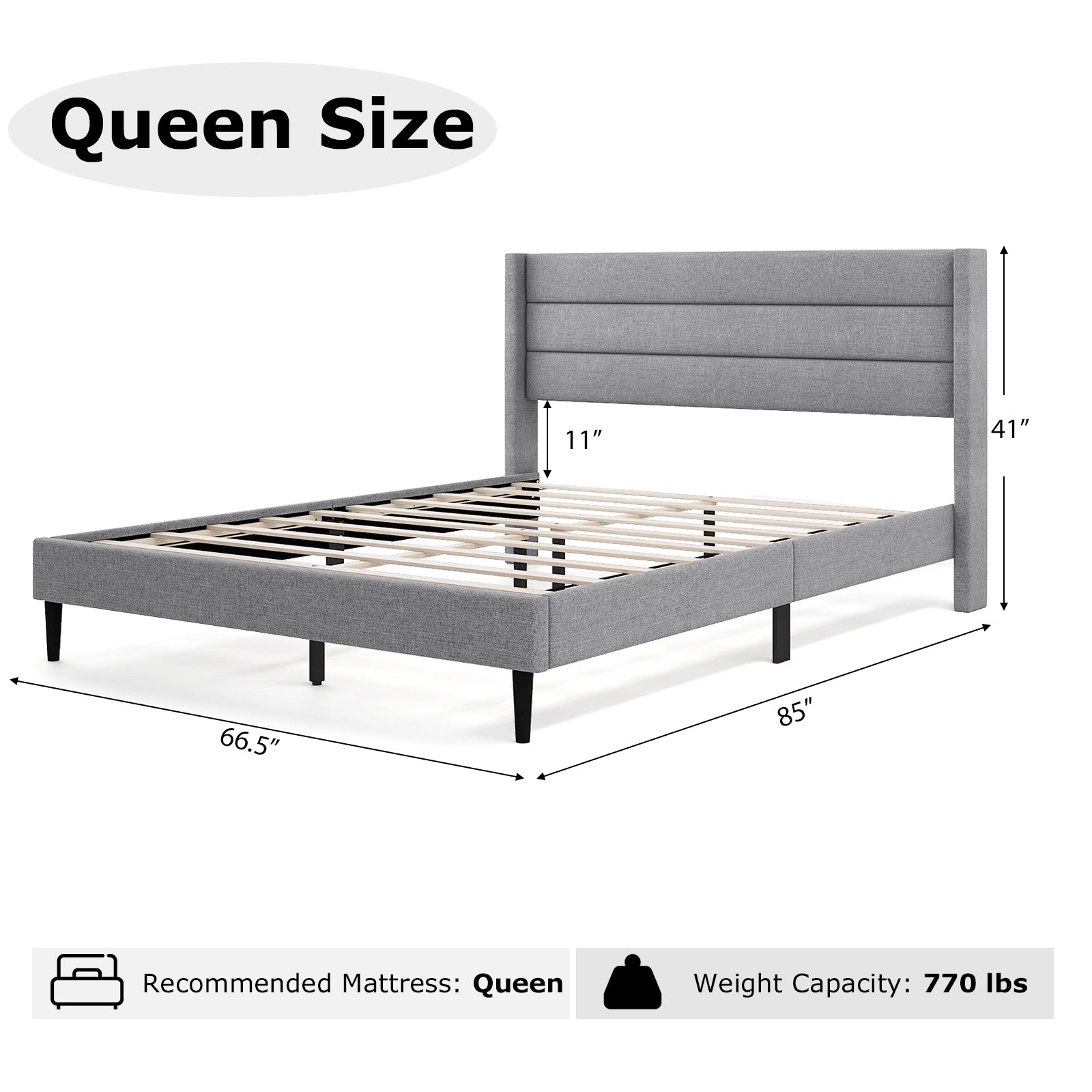 Linen Upholstered Platform Twin/Queen Bed Frame with Wingback Headboard-Queen Size Simple Bed Frame at Gallery Canada