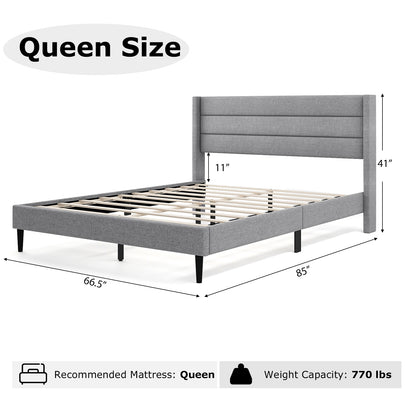 Linen Upholstered Platform Twin/Queen Bed Frame with Wingback Headboard-Queen Size Simple Bed Frame at Gallery Canada