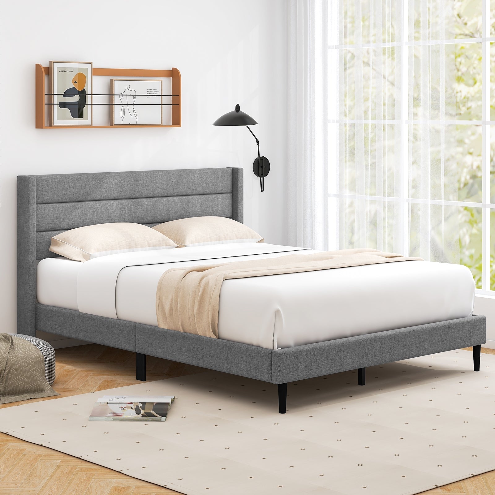 Linen Upholstered Platform Twin/Queen Bed Frame with Wingback Headboard-Queen Size Simple Bed Frame at Gallery Canada