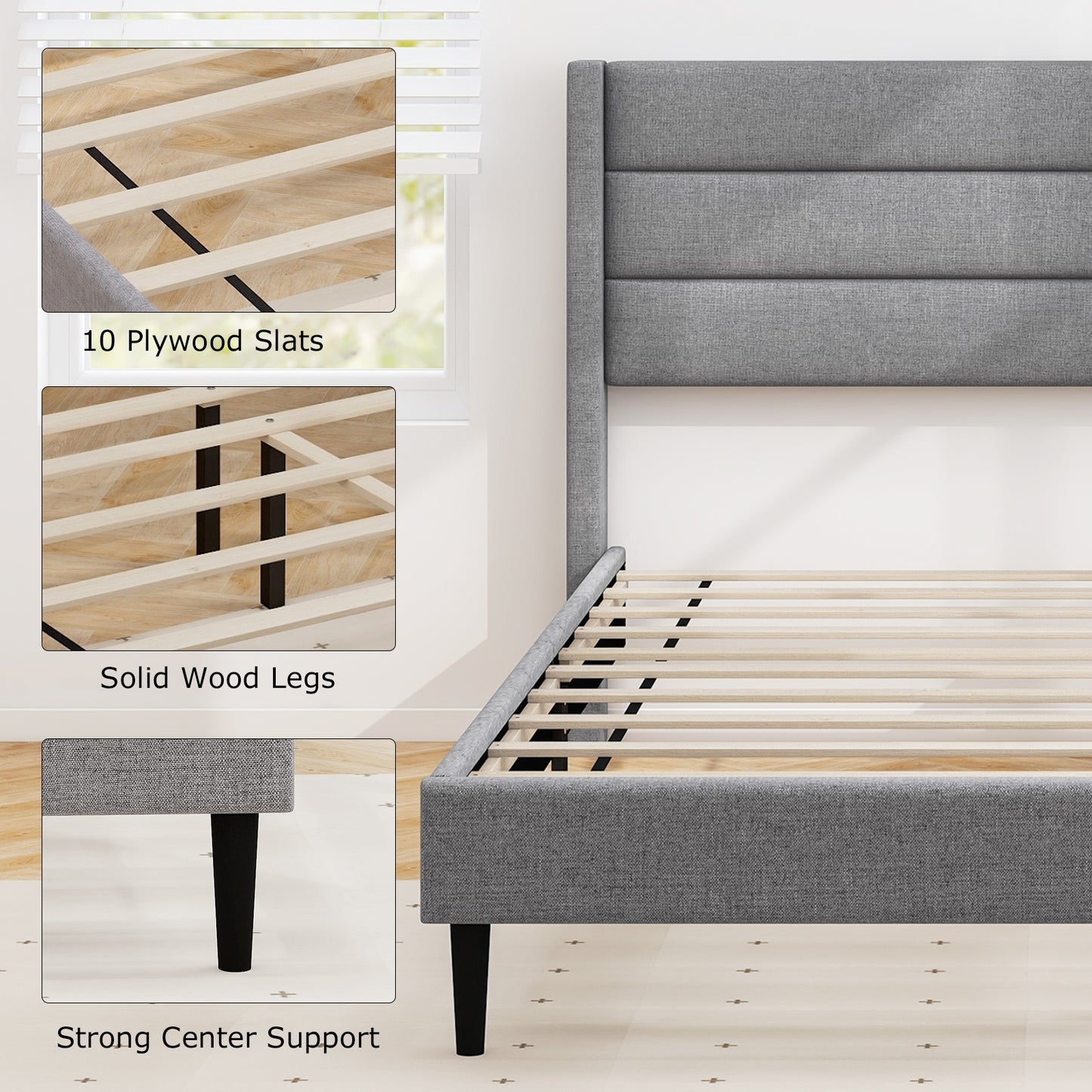 Linen Upholstered Platform Twin/Queen Bed Frame with Wingback Headboard-Queen Size Simple Bed Frame at Gallery Canada