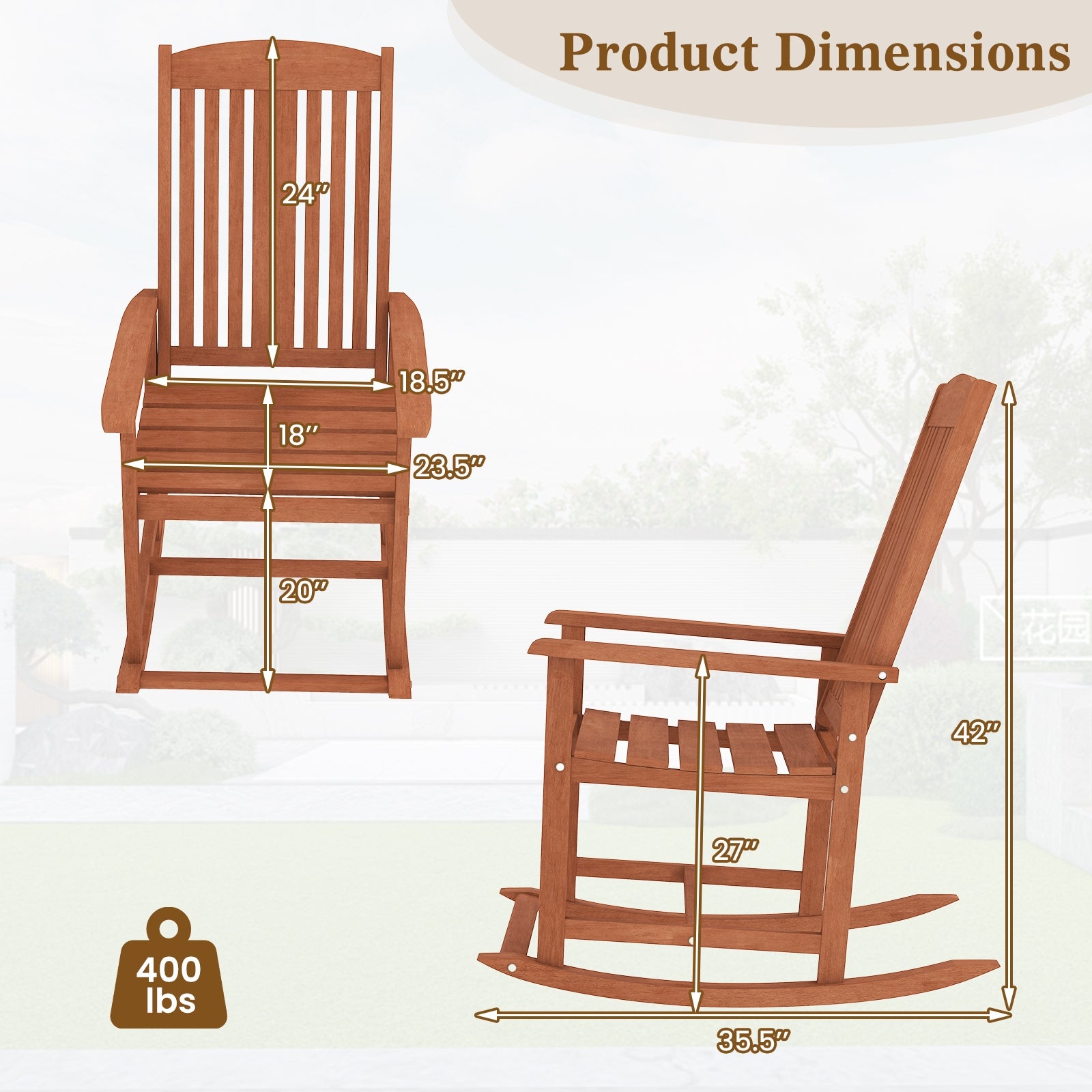 Outdoor Rocking Chair Solid Wood High Back Rocker with Slatted Seat, Natural Patio Rocking Chairs & Gliders at Gallery Canada