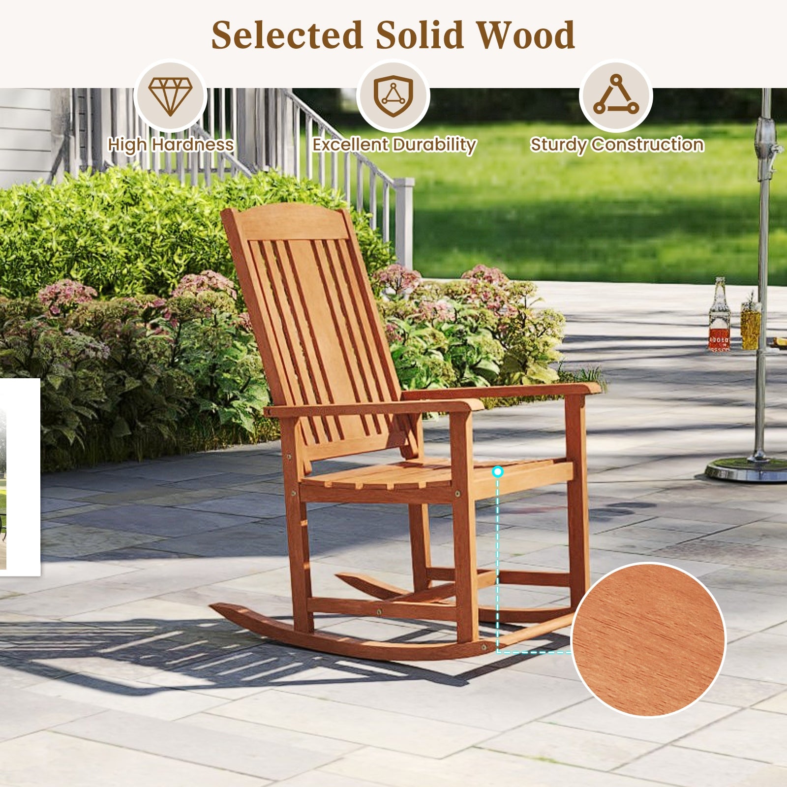 Outdoor Rocking Chair Solid Wood High Back Rocker with Slatted Seat, Natural Patio Rocking Chairs & Gliders at Gallery Canada