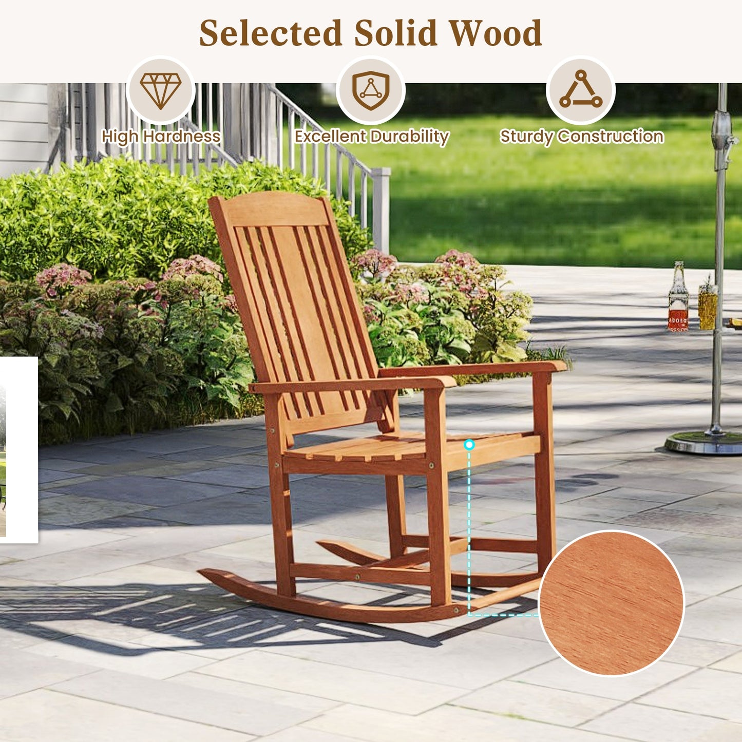 Outdoor Rocking Chair Solid Wood High Back Rocker with Slatted Seat, Natural Patio Rocking Chairs & Gliders at Gallery Canada
