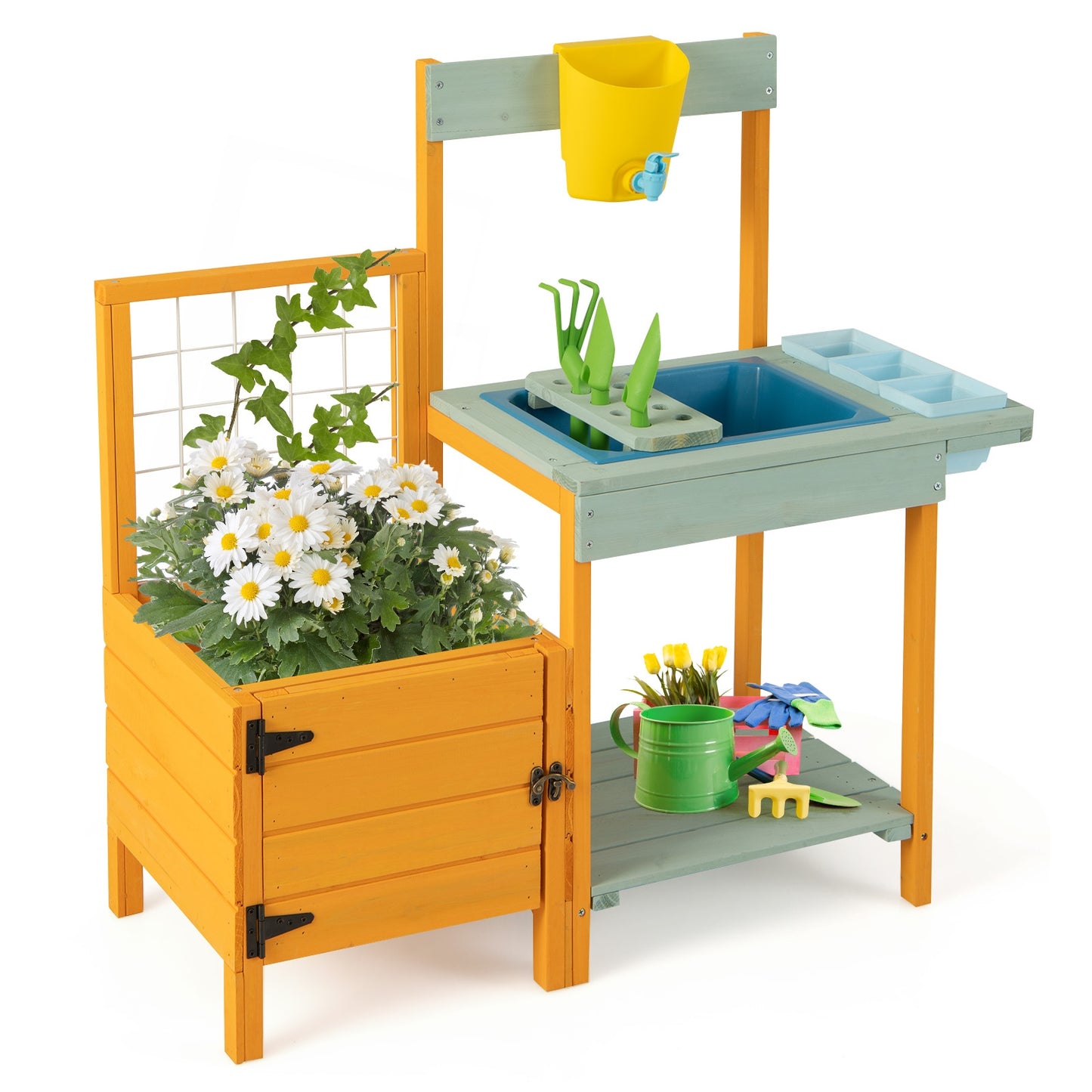 Kids Outdoor Potting Bench with See-Through Window Play Kitchen Sets Yellow, Blue at Gallery Canada