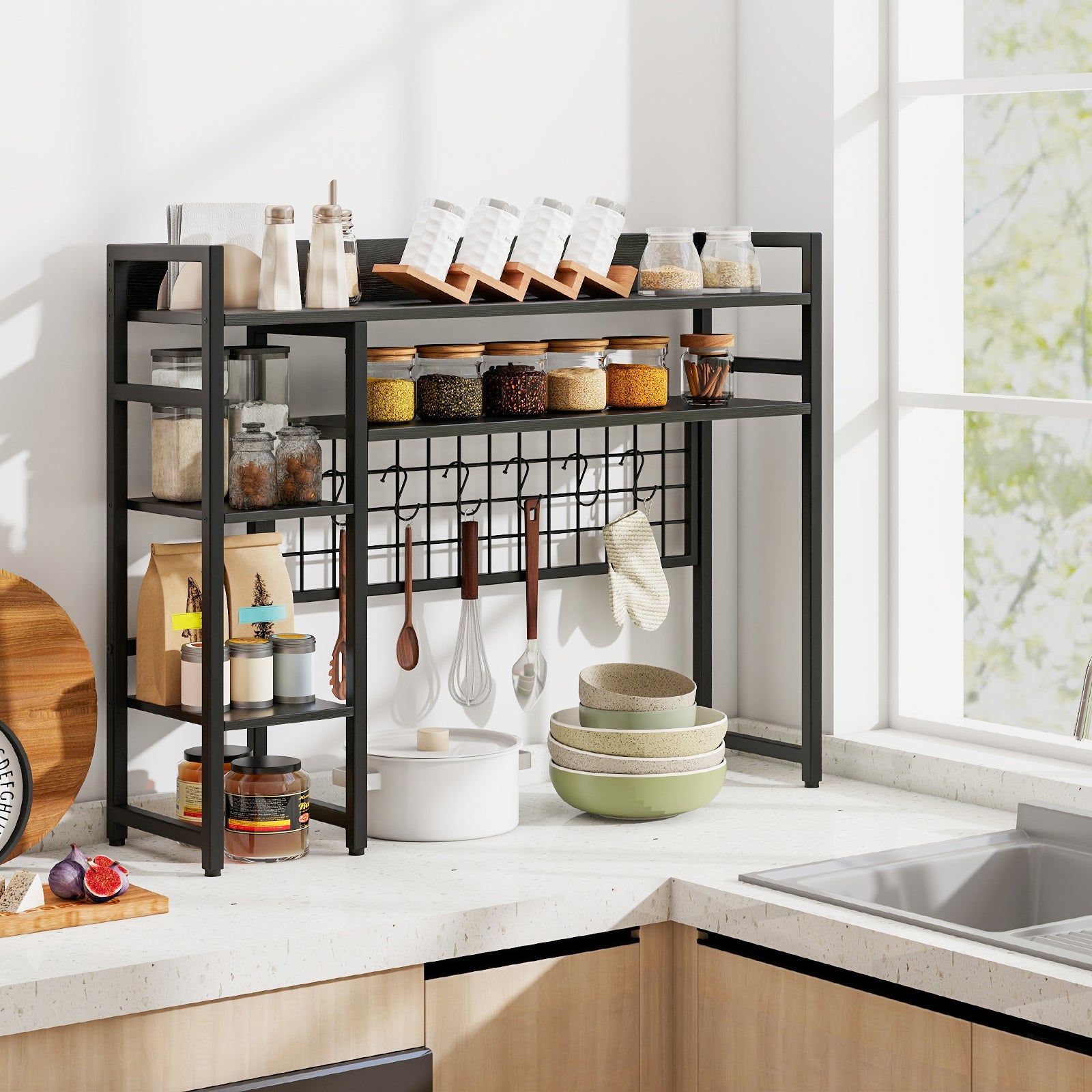 4-Tier Desk Shelf Desktop Display Rack with Metal Grid Panel and 6 Hooks, Black Bookcases at Gallery Canada