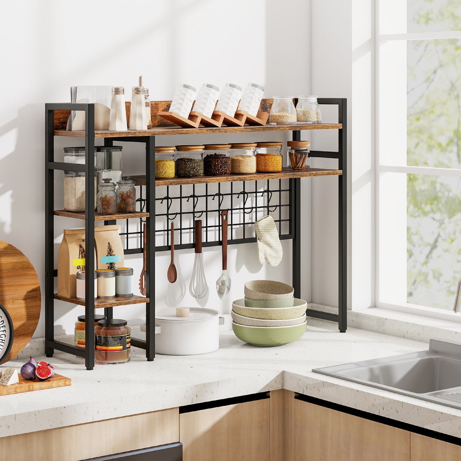 4-Tier Desk Shelf Desktop Display Rack with Metal Grid Panel and 6 Hooks, Rustic Brown Bookcases at Gallery Canada