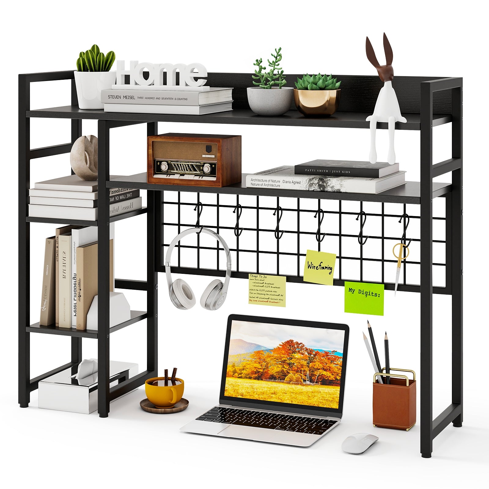 4-Tier Desk Shelf Desktop Display Rack with Metal Grid Panel and 6 Hooks, Black Bookcases at Gallery Canada