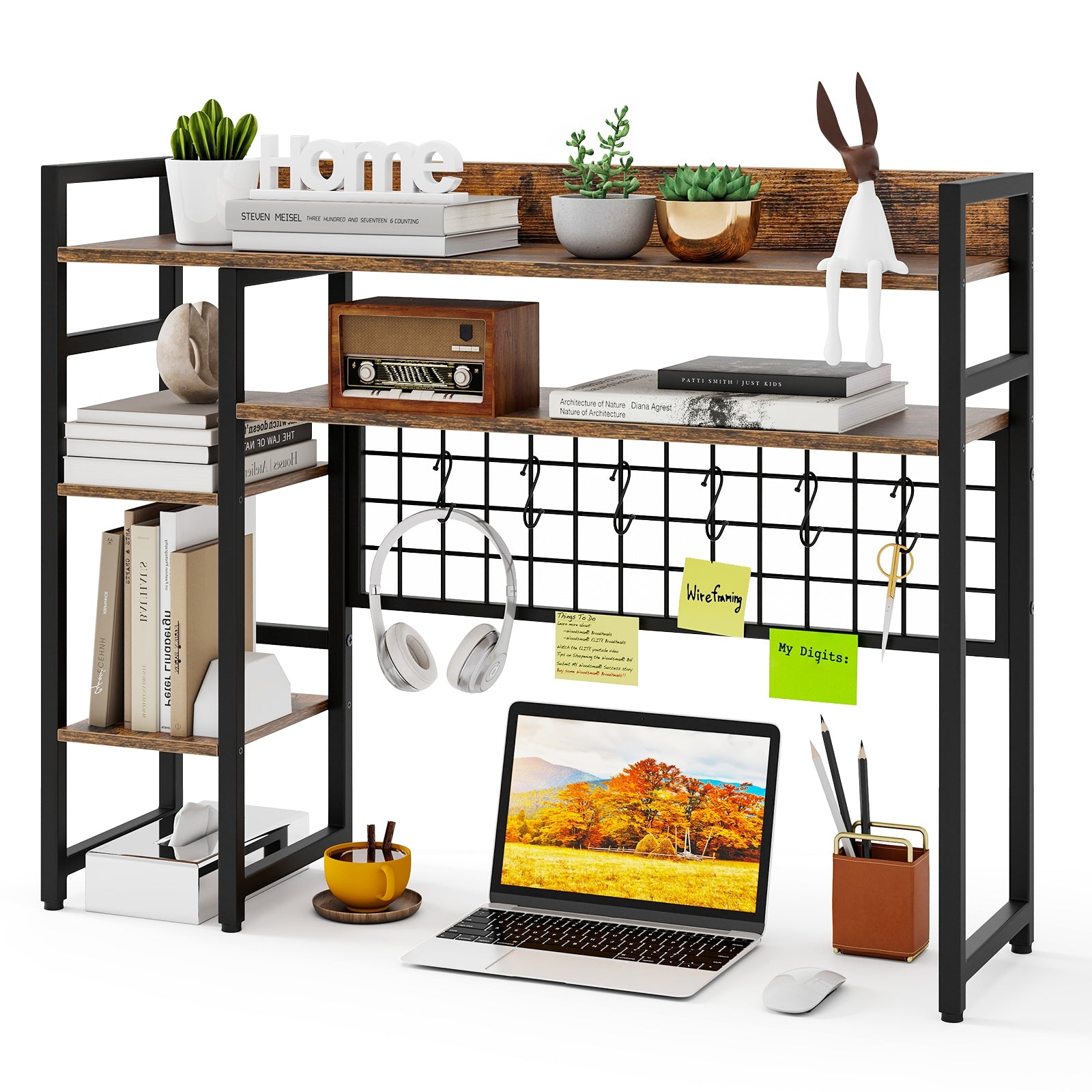 4-Tier Desk Shelf Desktop Display Rack with Metal Grid Panel and 6 Hooks, Rustic Brown Bookcases at Gallery Canada