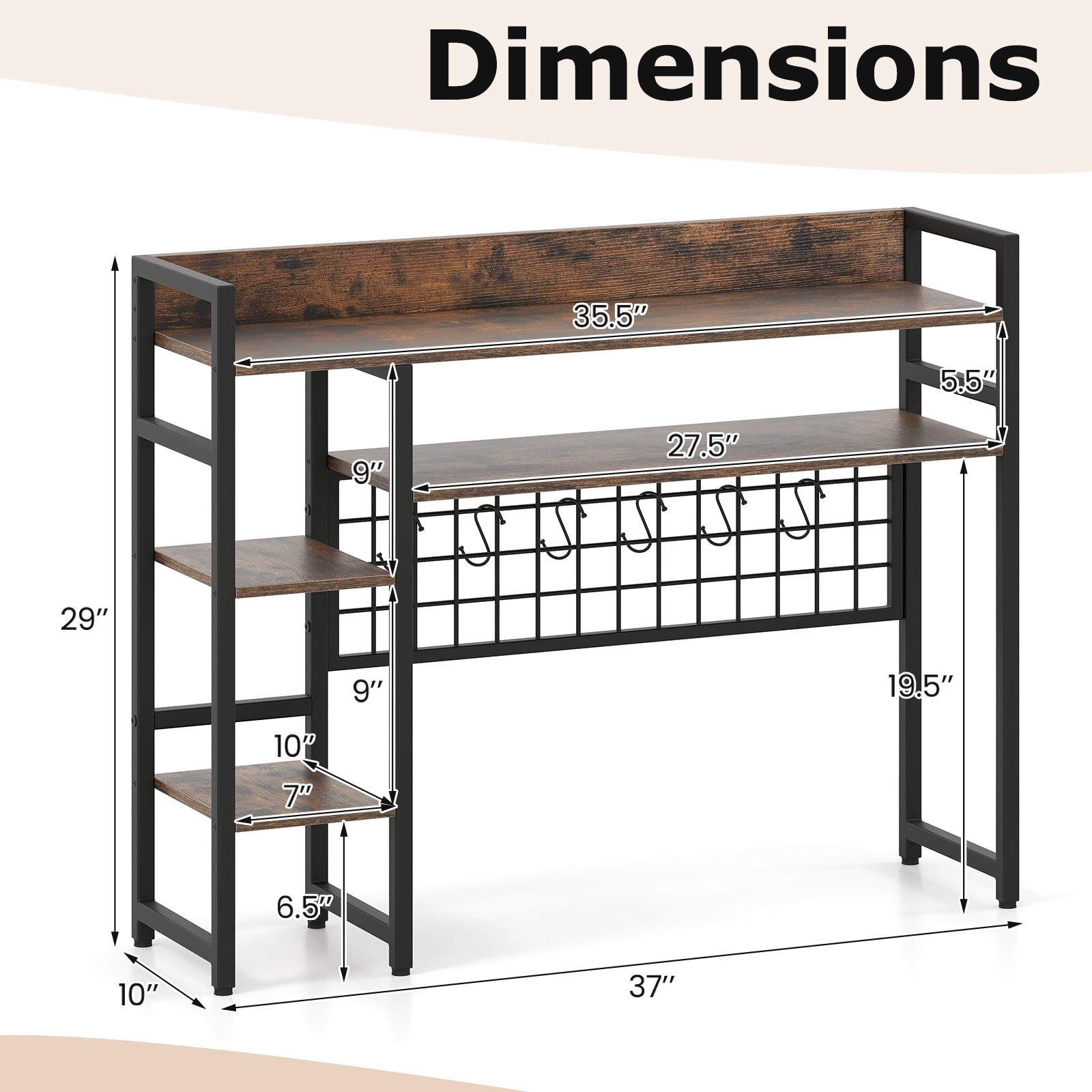 4-Tier Desk Shelf Desktop Display Rack with Metal Grid Panel and 6 Hooks, Rustic Brown Bookcases at Gallery Canada