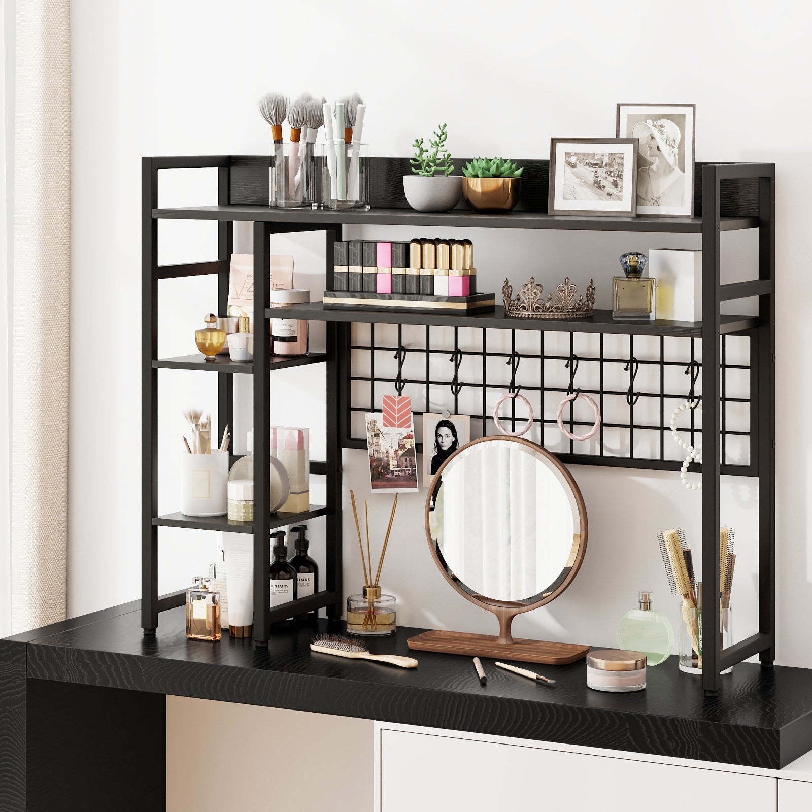 4-Tier Desk Shelf Desktop Display Rack with Metal Grid Panel and 6 Hooks, Black Bookcases at Gallery Canada