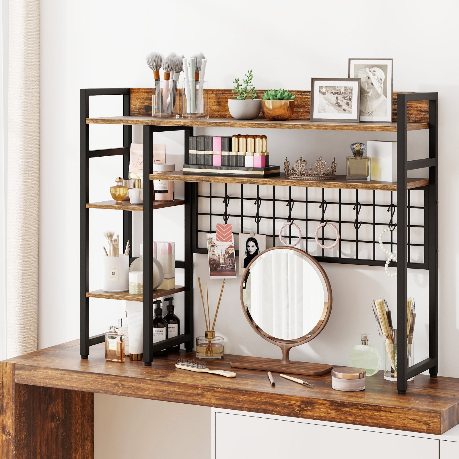4-Tier Desk Shelf Desktop Display Rack with Metal Grid Panel and 6 Hooks, Rustic Brown Bookcases at Gallery Canada