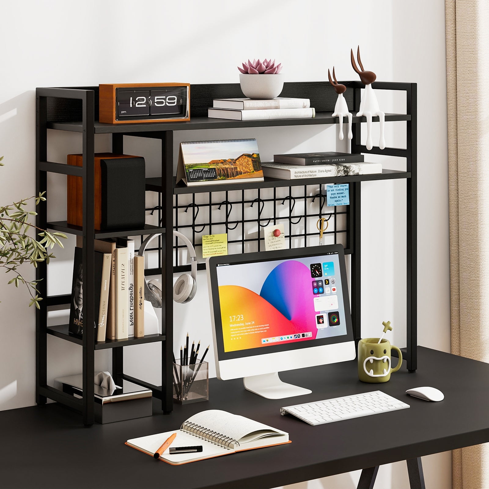 4-Tier Desk Shelf Desktop Display Rack with Metal Grid Panel and 6 Hooks, Black Bookcases at Gallery Canada