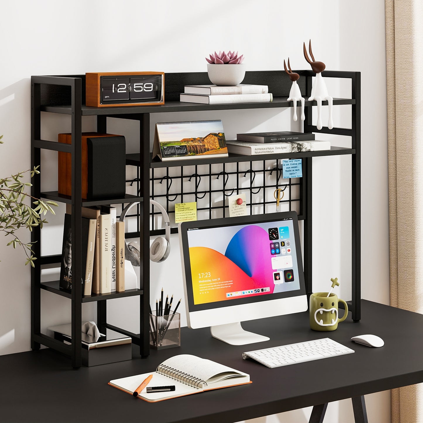 4-Tier Desk Shelf Desktop Display Rack with Metal Grid Panel and 6 Hooks, Black Bookcases at Gallery Canada