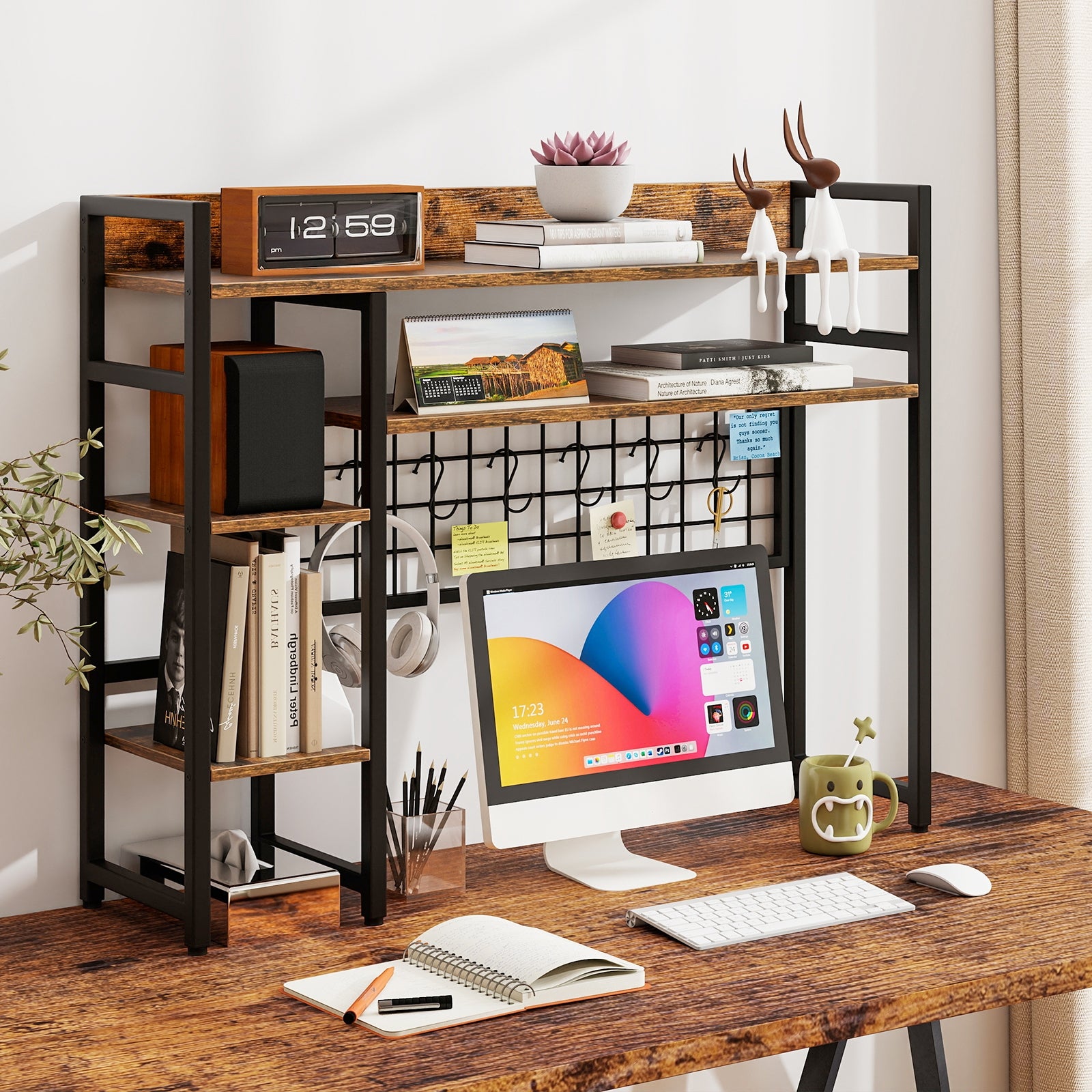 4-Tier Desk Shelf Desktop Display Rack with Metal Grid Panel and 6 Hooks, Rustic Brown Bookcases at Gallery Canada