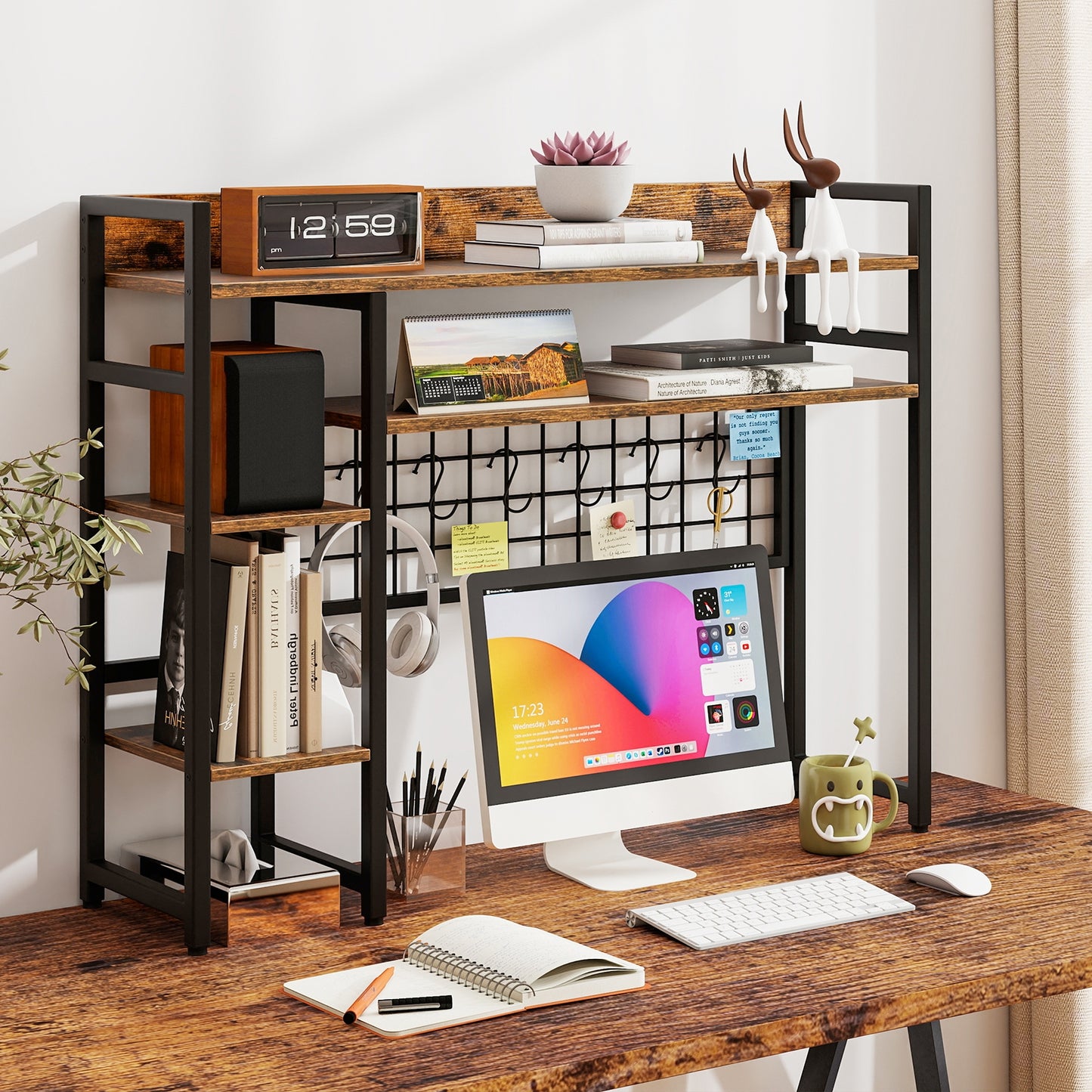 4-Tier Desk Shelf Desktop Display Rack with Metal Grid Panel and 6 Hooks, Rustic Brown Bookcases at Gallery Canada