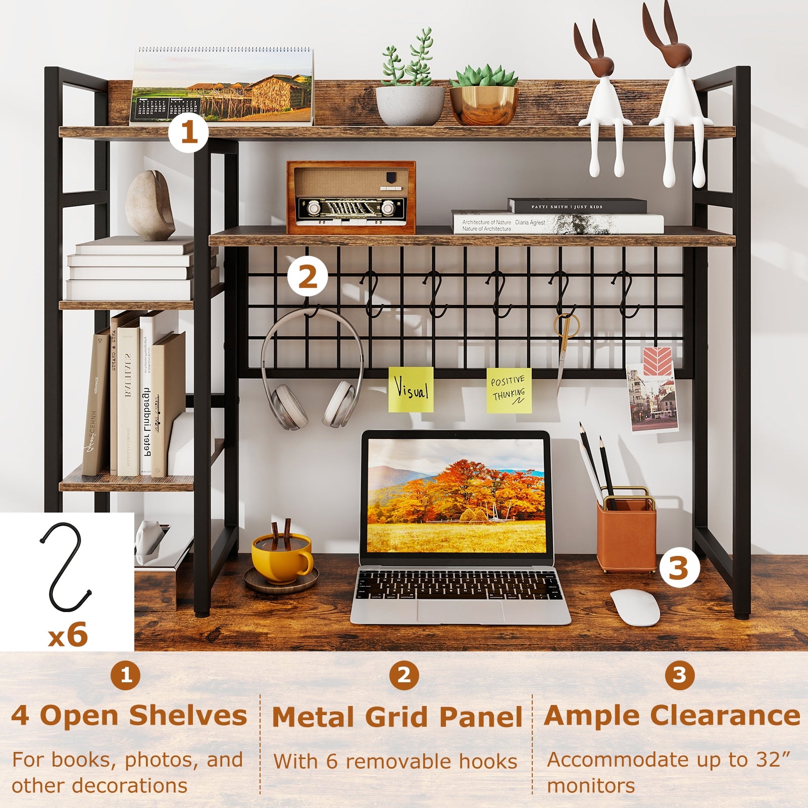 4-Tier Desk Shelf Desktop Display Rack with Metal Grid Panel and 6 Hooks, Rustic Brown Bookcases at Gallery Canada