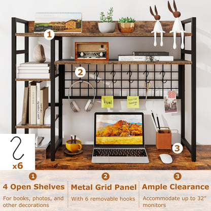 4-Tier Desk Shelf Desktop Display Rack with Metal Grid Panel and 6 Hooks, Rustic Brown Bookcases at Gallery Canada