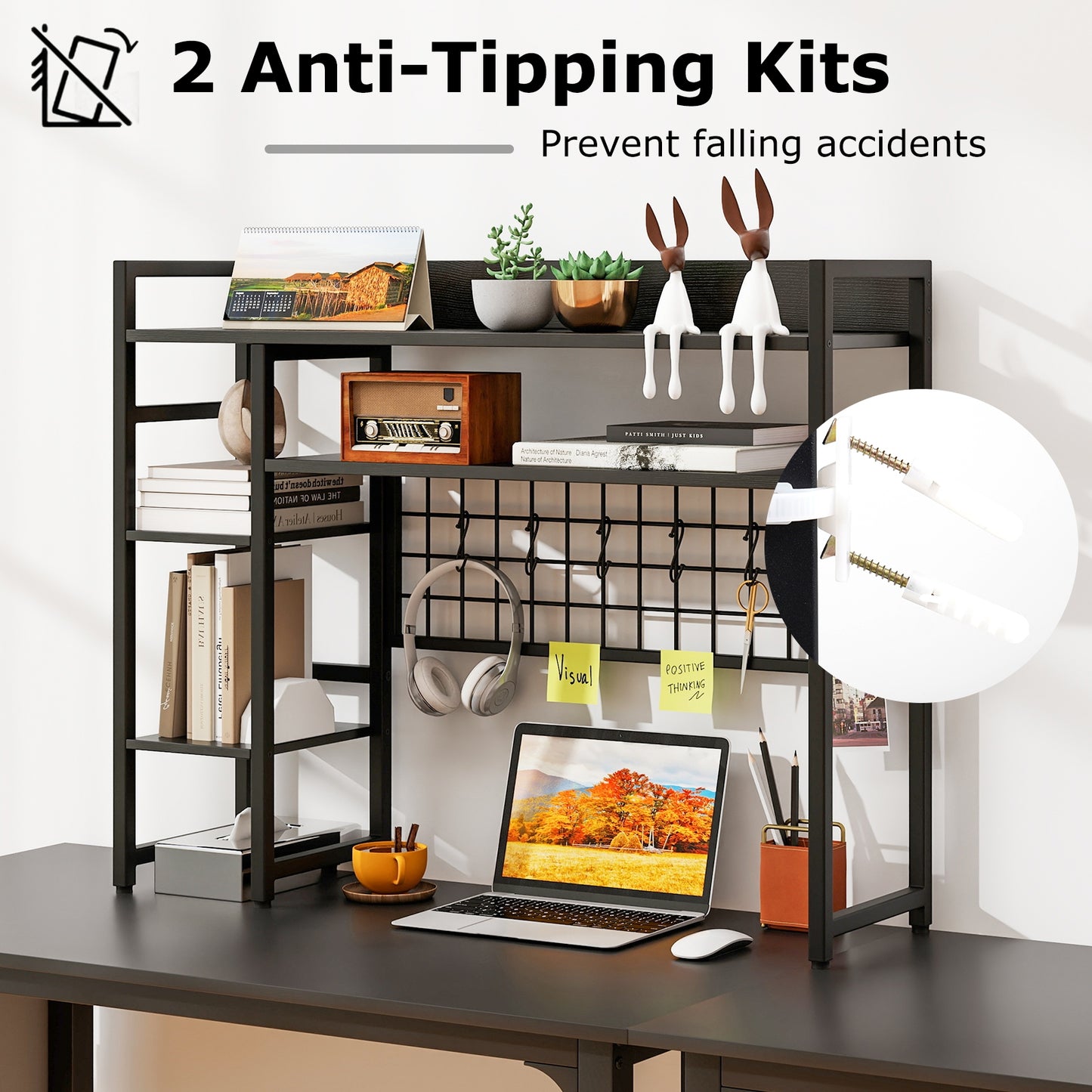 4-Tier Desk Shelf Desktop Display Rack with Metal Grid Panel and 6 Hooks, Black Bookcases at Gallery Canada