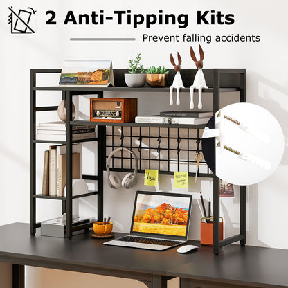 4-Tier Desk Shelf Desktop Display Rack with Metal Grid Panel and 6 Hooks, Black Bookcases at Gallery Canada