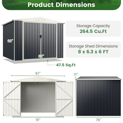8 x 6.3 FT Metal Outdoor Storage Shed with Lockable Door, Gray