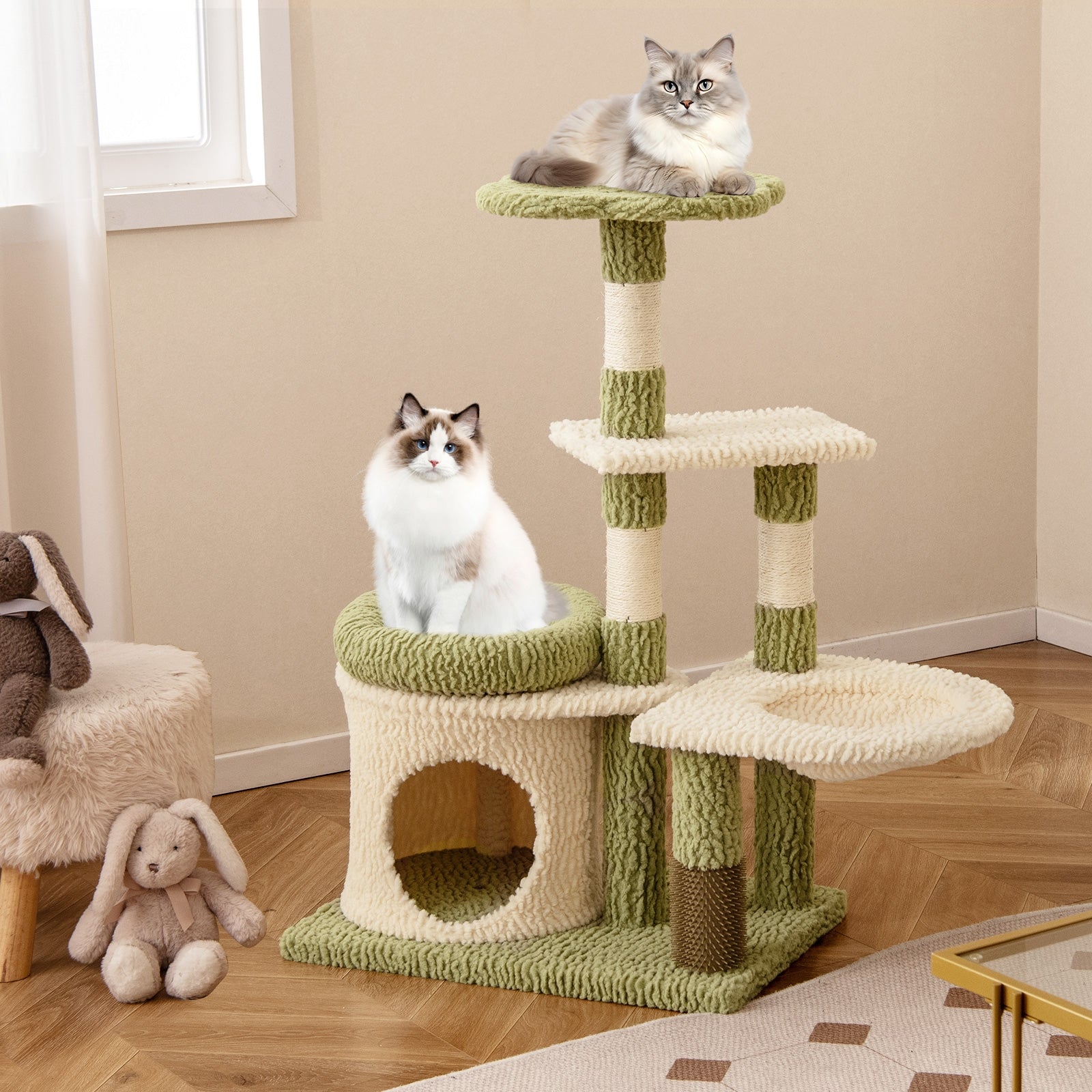 38 Inch Tall Multi-Level Aesthetic Kitten Tower with Condo and Bed, Green Cat Trees Condos & Scratchers at Gallery Canada