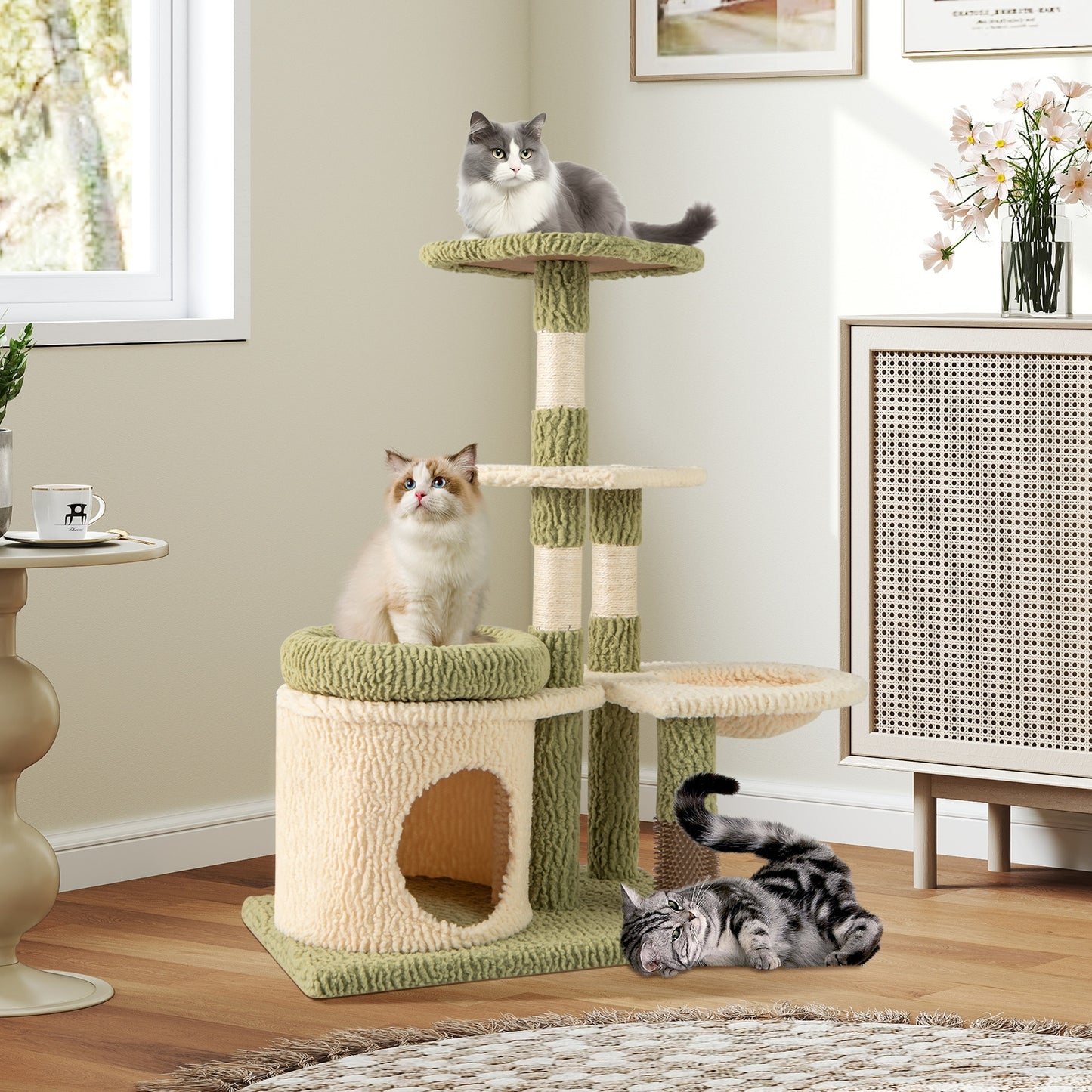 38 Inch Tall Multi-Level Aesthetic Kitten Tower with Condo and Bed, Green Cat Trees Condos & Scratchers at Gallery Canada